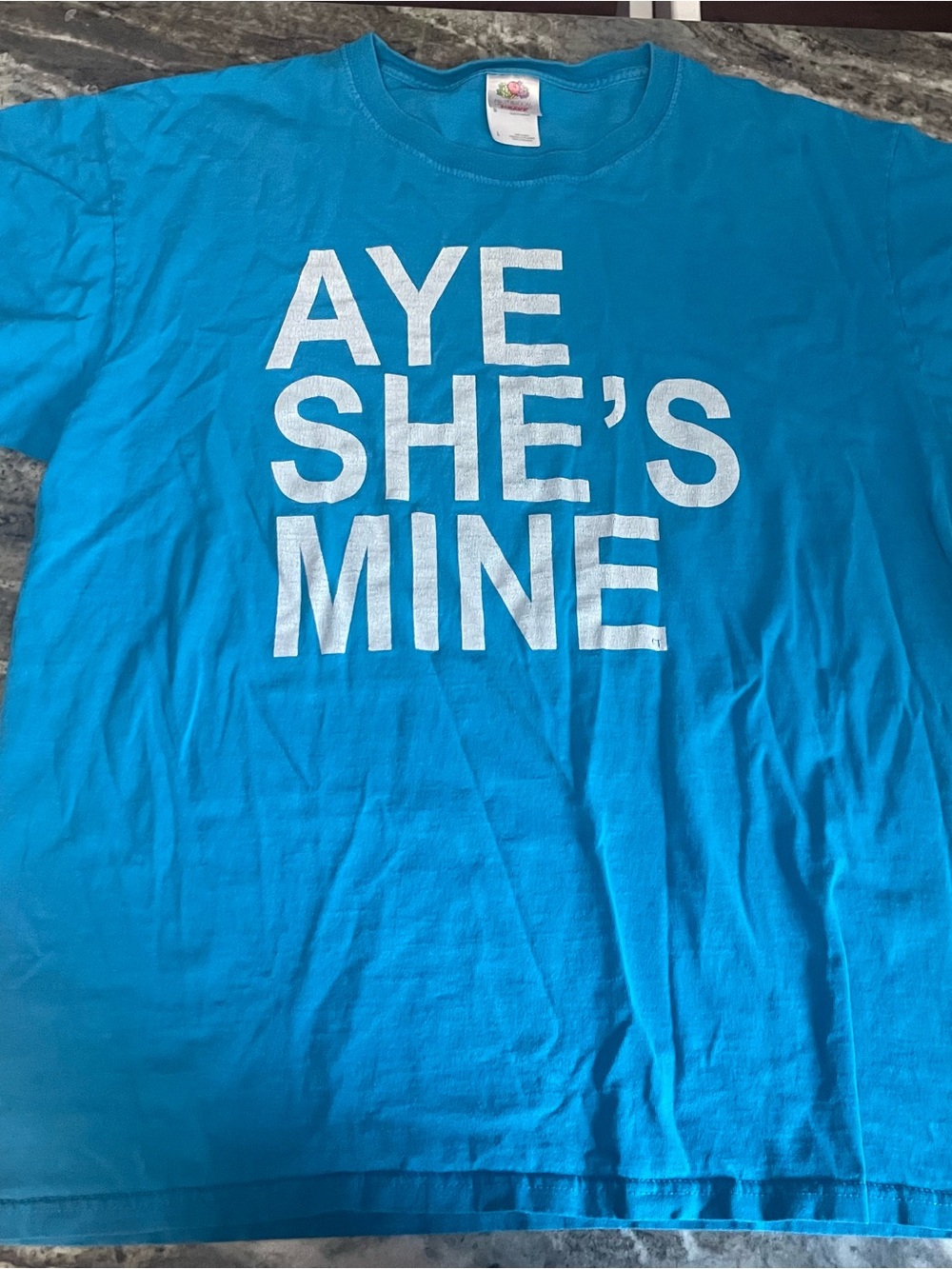 Fruit of the Loom Heavy “Aye She’s Mine” Graphic T-Shirt Blue Funny Quote Tee